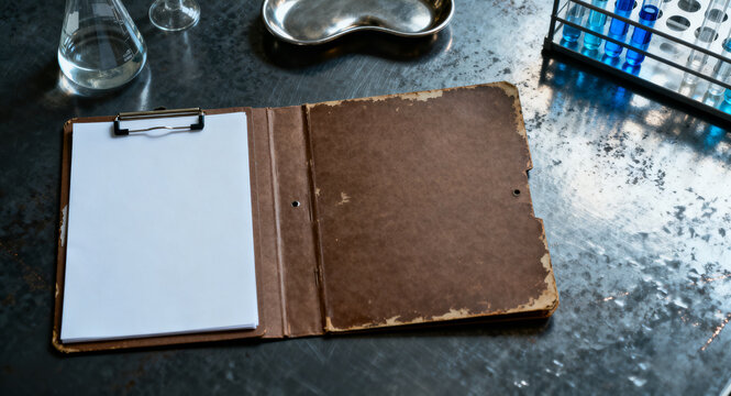 A professional scientific research environment showcasing laboratory tools and a blank clipboard, signifying the methodical process of documentation, discovery, and objective inquiry