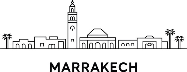 Marrakech skyline silhouette illustration featuring koutoubia mosque and palm trees for travel and destination themes and arabic architecture and Nort © Pappu0099