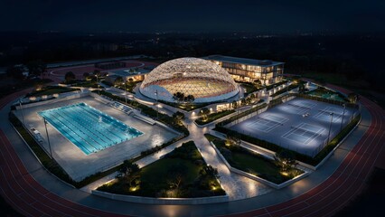 Obraz premium Modern sports complex featuring an indoor stadium, outdoor pools, tennis courts, and running track at night
