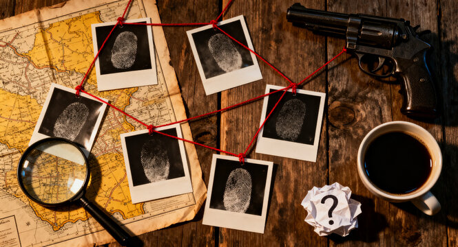 Classic detective's investigation desk. Connected fingerprint evidence, vintage map, firearm, magnifying glass, and coffee on rustic wood, symbolizing crime, mystery, and intricate inquiry