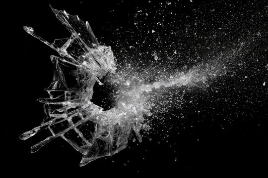 Shattered Glass Explosion: A dramatic explosion of shattered glass fragments and dust captured in mid-air against a stark black background, conveying a sense of destruction and impact.