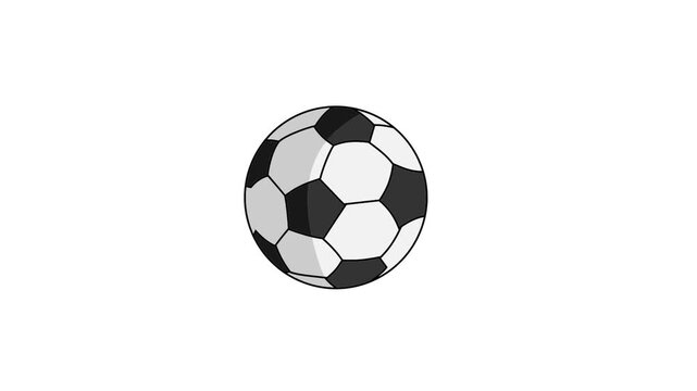 Minimalist cartoon soccer ball spinning loop animation, classic black and white football isolated on clean white background