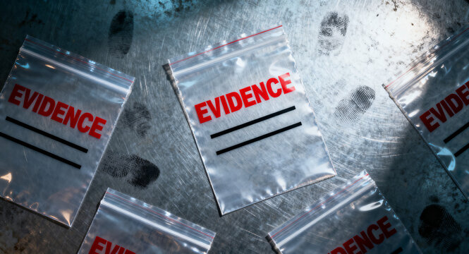 Forensic investigation evidence bags on metal surface with fingerprint details for criminal justice and law enforcement research