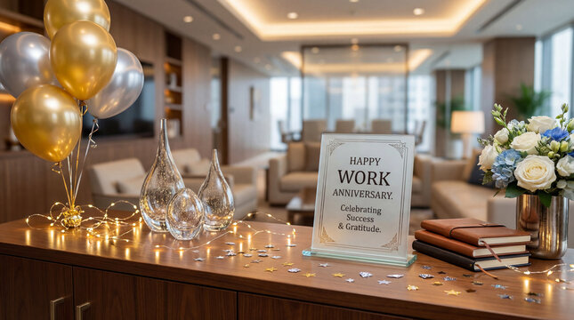 Happy Work Anniversary Party Room with Balloons and Champagne