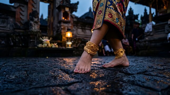 A woman's bare feet adorned with traditional golden anklets walk on wet stone pavement at dusk in a temple.