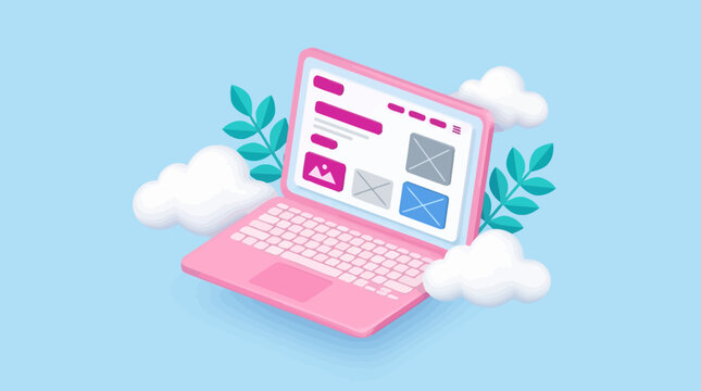 Modern 3D Web Design Concept featuring a pink laptop floating with clouds and leaves, ideal for UI/UX design portfolios and digital marketing agencies.
