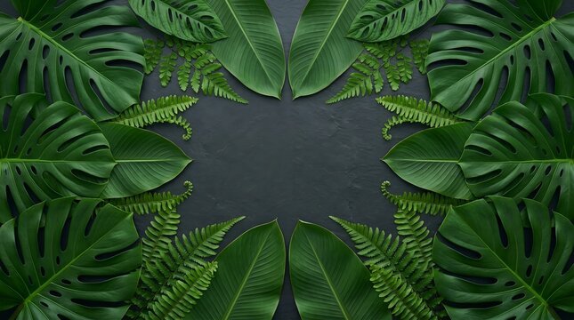 A lush arrangement of tropical green leaves surrounds a dark gray background