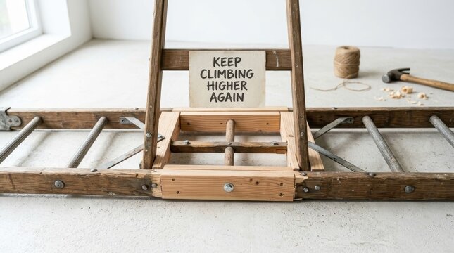 Wooden ladder with KEEP CLIMBING HIGHER AGAIN sign
