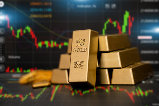 Digital gold price stock market trading charts with stacked fine gold bars, Financial wealth management, trader, precious metal commodity investment, forex and inflation safe haven concept