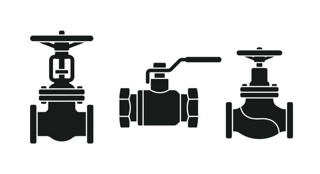Industrial Valves Collection Black Silhouette Against White Background