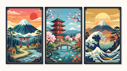 Obraz premium Three vibrant japanese art posters featuring majestic mount fuji iconic pagodas cherry blossoms and the great wave in flat style