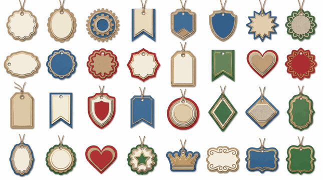 Assorted vintage paper gift tags and blank retro labels with strings for pricing and craft