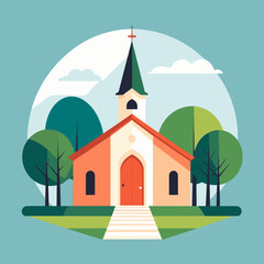 Naklejka premium A colorful illustration of a church with a green steeple and orange door