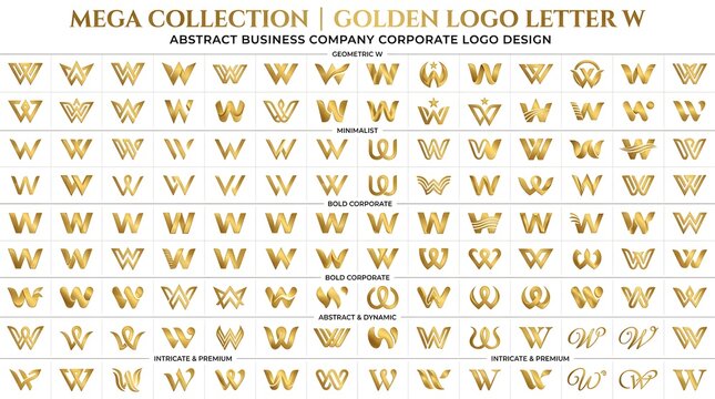 Mega collection golden logo letter W with dozens of elegant metallic monograms, geometric wings and abstract business styles, an extensive vector toolkit for corporate, finance, consulting, fashion an