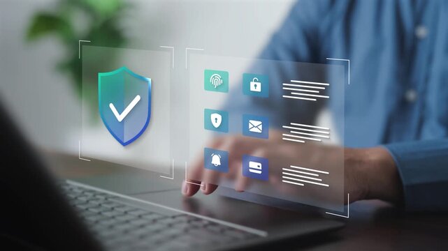 Security professional managing data privacy settings and cyber protection configuration on a digital interface using laptop. Concept of personal authentication and information safety.