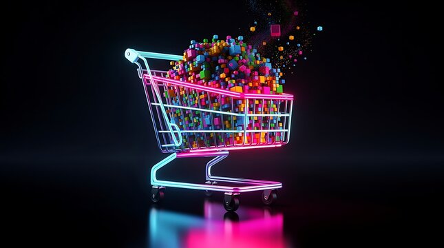 Neon Shopping Cart Filled With Digital Data Cubes