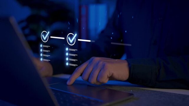 Project coordinator tracking a four step workflow progress on a digital virtual checklist interface. Concept of milestone evaluation, quality control approval, and strategic planning.