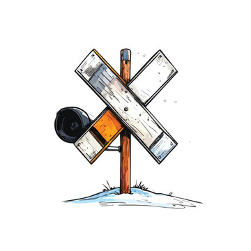 Hand drawn illustration of a weathered railroad crossing sign in snow.