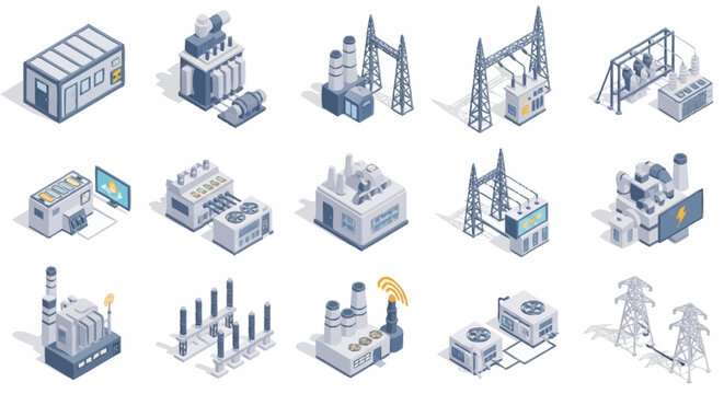Collection of isometric industrial buildings and power generation equipment, representing energy infrastructure and manufacturing.