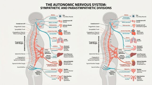 Autonomic nervous system anatomy chart of sympathetic and parasympathetic pathways