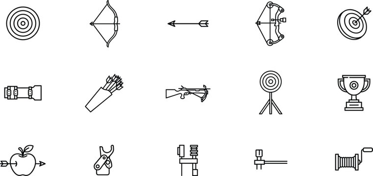 Archery and shooting sport line art icons vector set with bow arrow target board crossbow quill trophy cup and slingshot minimalist outline illustrations