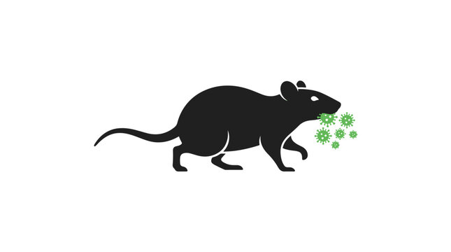 Stylized black rat icon carrying disease-causing germs, symbolizing pest control, contamination, and the spread of pathogens, isolated on white background