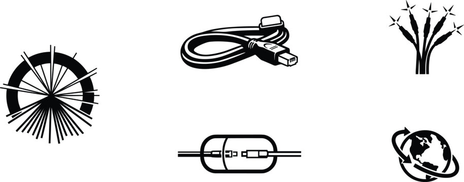 Fiber optic cable and global network telecommunication silhouettes vector set with internet data cord connector optoelectronic core splice and worldwide web icons