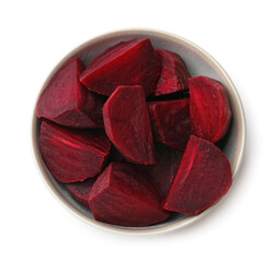 Fototapeta premium Pieces of boiled beets in bowl isolated on white, top view
