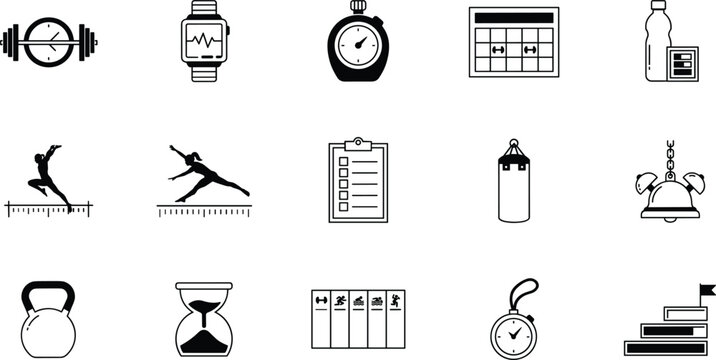 Fitness and gym workout icon vector set featuring barbell smartwatch stopwatch calendar water bottle kettlebell punch bag and athletic training tracking elements