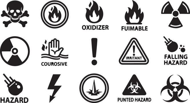 Warning signs, hazard symbols, icons set, safety labels, danger signs, vector graphics