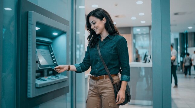 Woman using ATM machine inside modern bank lobby with soft lighting
