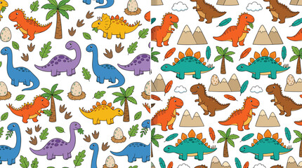 Fototapeta premium Cute Cartoon Dinosaur Seamless Pattern – Colorful Vector Background with T-Rex, Brontosaurus, Triceratops, and Stegosaurus