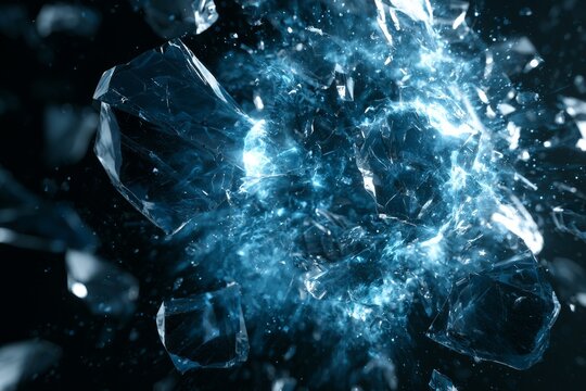 Explosion of Light: Shattered ice fragments erupt outwards, emitting a brilliant blue glow in a powerful display of energy and transformation.