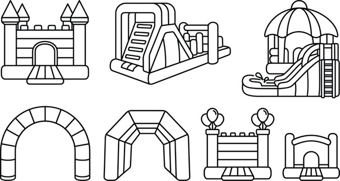 Inflatable bounce house icons vector set with bouncy castle water slide obstacle course and inflatable arches for children playground party line art illustration