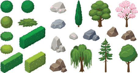 Isometric trees and garden plants vector set with bushes hedges stones green shrubs willow pine and blooming cherry blossom tree for landscape design map creator © KHATUN