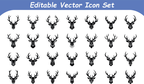 Various styles of deer head silhouettes as vector icons for creative projects with wildlife