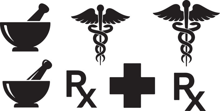 Medical icons, pharmacy symbols, Rx prescription signs, healthcare vector graphics