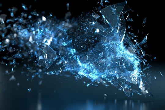 Explosion of Light and Shards: A dynamic and abstract visualization of an explosion, with luminous blue particles and shattered glass fragments erupting outwards against a dark backdrop.