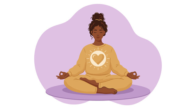 Woman meditating in a yoga pose with a glowing heart icon above her
