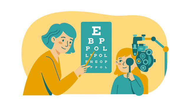 Child having an eye examination by an optometrist with an eye chart