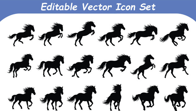 Collection of black horse silhouette vector icons in various poses with silhouette, stallion