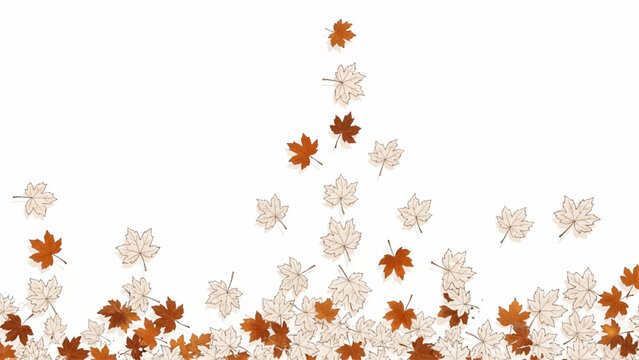Falling maple leaves in shades of orange, brown, and beige, arranged in a scattered pattern against a plain white background, creating a seasonal autumn border effect