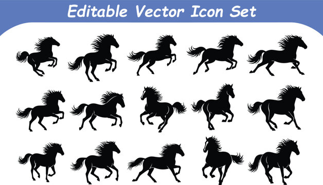 Dynamic black silhouette icons of running and jumping horses with silhouette stallion collection