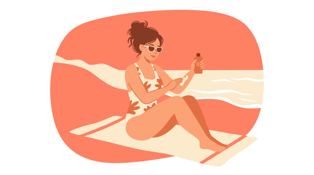 Woman applying sunscreen on her arm on a sunny beach.