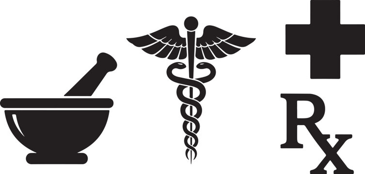 Medical, pharmacy, and healthcare symbols, black icons, Rx, cross, caduceus