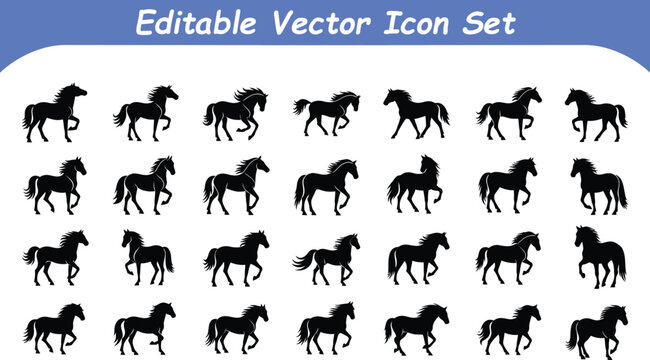 Set of horse silhouette icons in various poses with silhouette stallion collection graphical