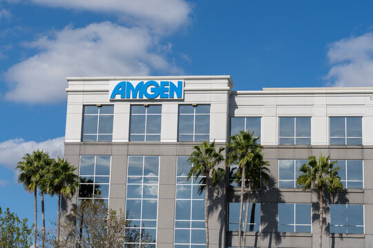 Tampa, Florida, USA - January 8, 2022: Amgen office building in Corporate Center One on Westshore Blvd in Tampa, Florida, USA. Amgen Inc is an American multinational biopharmaceutical company. 