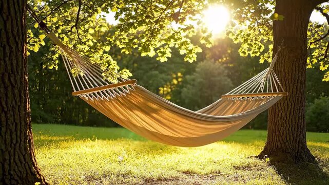 Empty beige hammock gently swaying between trees in a green park. Bright sunlight filtering through leaves on a summer day. Outdoor leisure concept