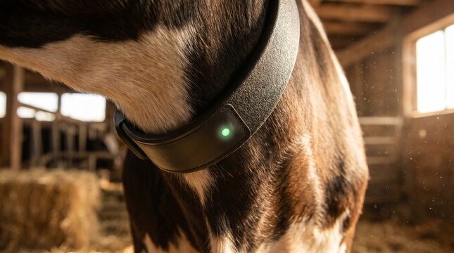 Smart Farming Cow Wearing GPS Tracking Collar in Barn