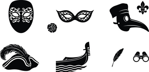 Venetian carnival masquerade elements silhouettes vector set with venice masks plague doctor gondola boat bicorn hat feather and theater opera glasses icons © KHATUN